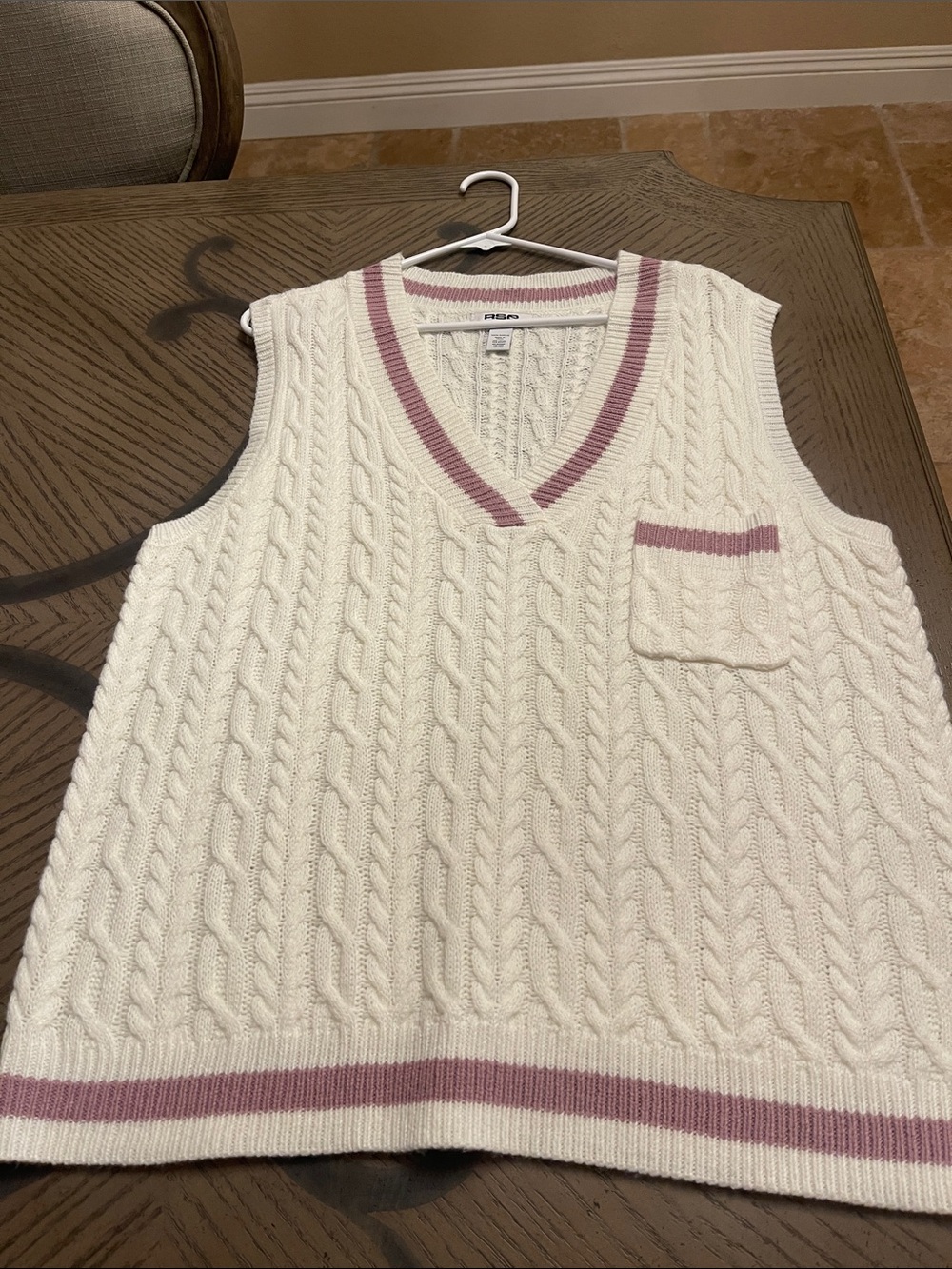 Cable Knit V-Neck Sweater Vest - Cream with Pink Trim